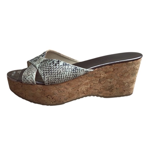 Jimmy Choo Snakeskin- Embossed Leather Cork Wedge Sandals - Picture 6 of 11
